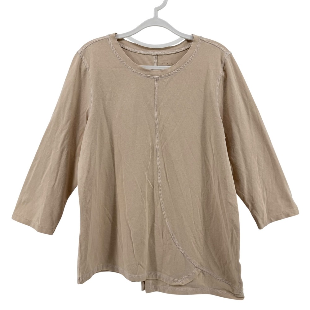 E.L.I. Womens Large Tan Pima Cotton Asymmetrical Wrap Hem 3/4 Sleeve Top‎